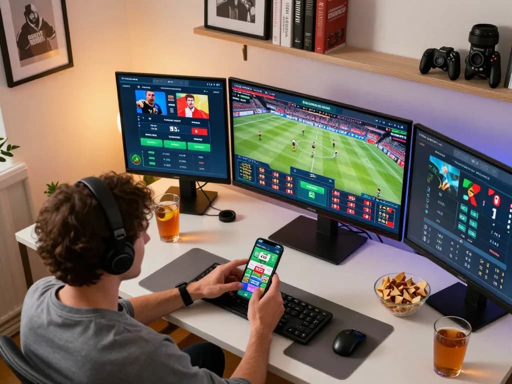 Placing bets on sports events with NHÀ CÁI FABET using a dynamic online betting app in a modern home setting.