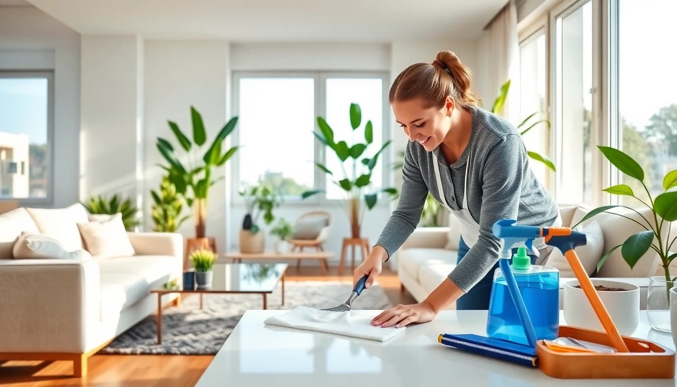 Engaging cleaning service experience illustrating a professional cleaner in action.