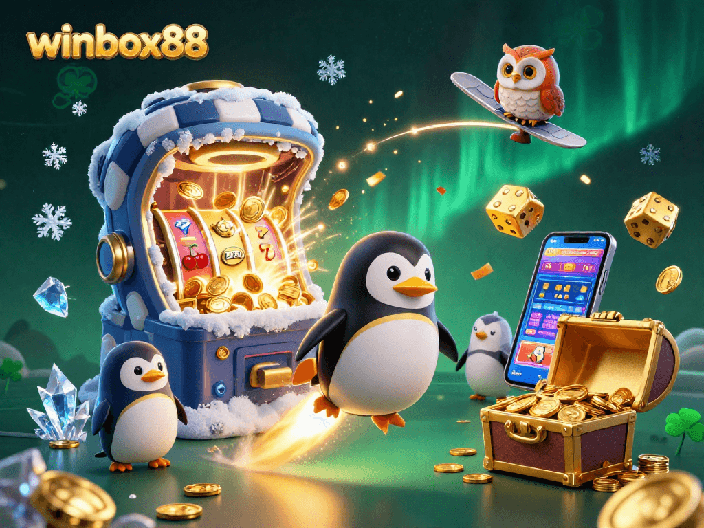 Experience thrilling wins with winbox88 as a golden penguin navigates a casino galaxy filled with vibrant games.