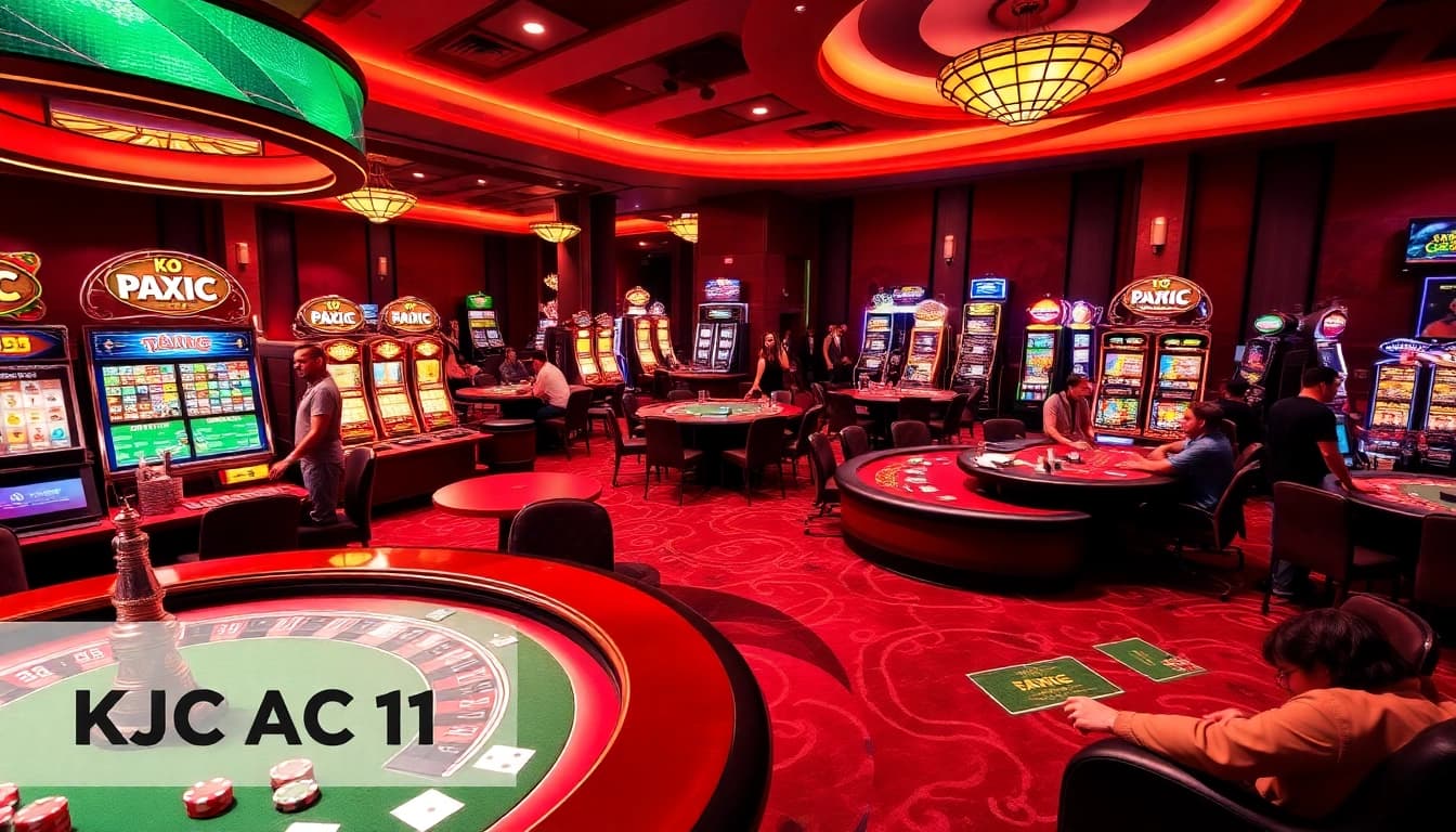 An exciting casino scene showcasing KJC AC 1 with players at tables, flashing slot machines, and roulette.