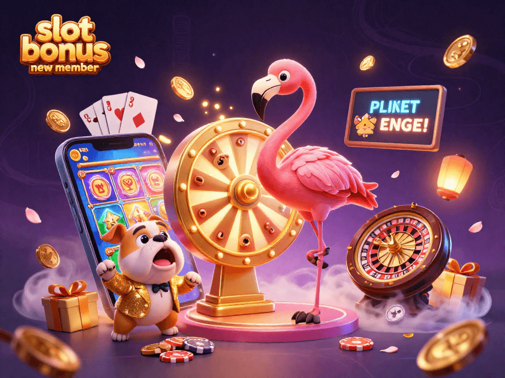 Engage with our slot bonus new member promotions in an exciting casino atmosphere featuring dynamic characters and vibrant gaming elements.