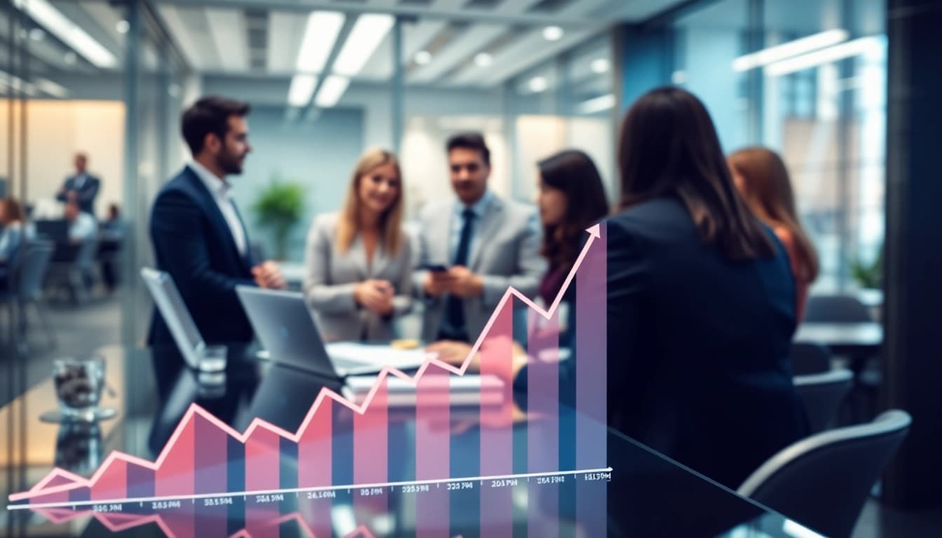 Visualizing business growth insights through graphs and collaboration in a modern office setting.