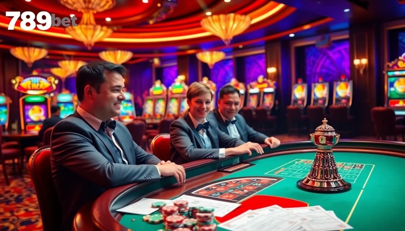Experience the excitement of 789bet com with vibrant gambling visuals featuring roulette and slot machines.