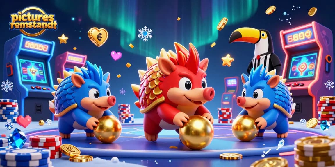 Permainan slot picturesrembrandt menampilkan pangolin berwarna-warni melempar dadu dan chip poker dalam suasana kasino yang meriah.