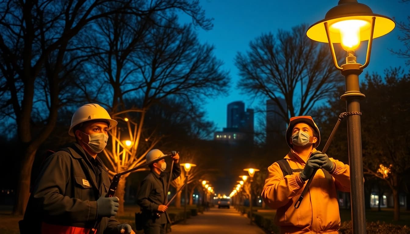 Technicians performing lighting service maintenance on outdoor street lamps at twilight.