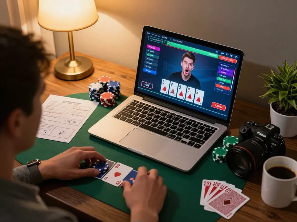 Player using SIN88 online gaming platform to strategize poker gameplay with vibrant screen display and poker chips.