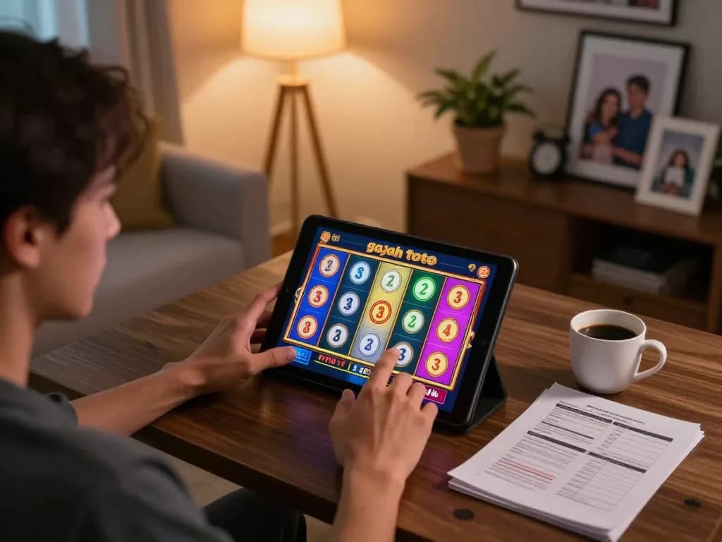 Engaging scene of a player enjoying gajah toto slot games on a tablet in a cozy home setting