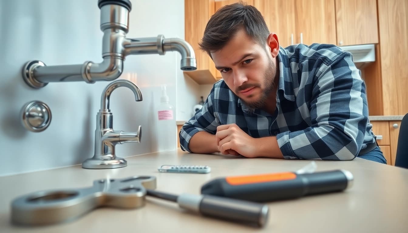 Experienced plumber knightdale performing repairs in a modern kitchen, showcasing skill and professionalism.