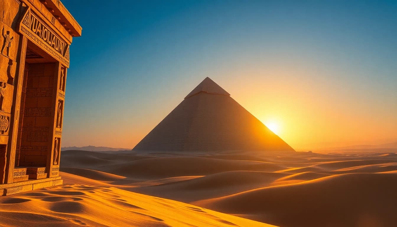 A stunning view of the piraminds with intricate carvings and a majestic golden sunset.
