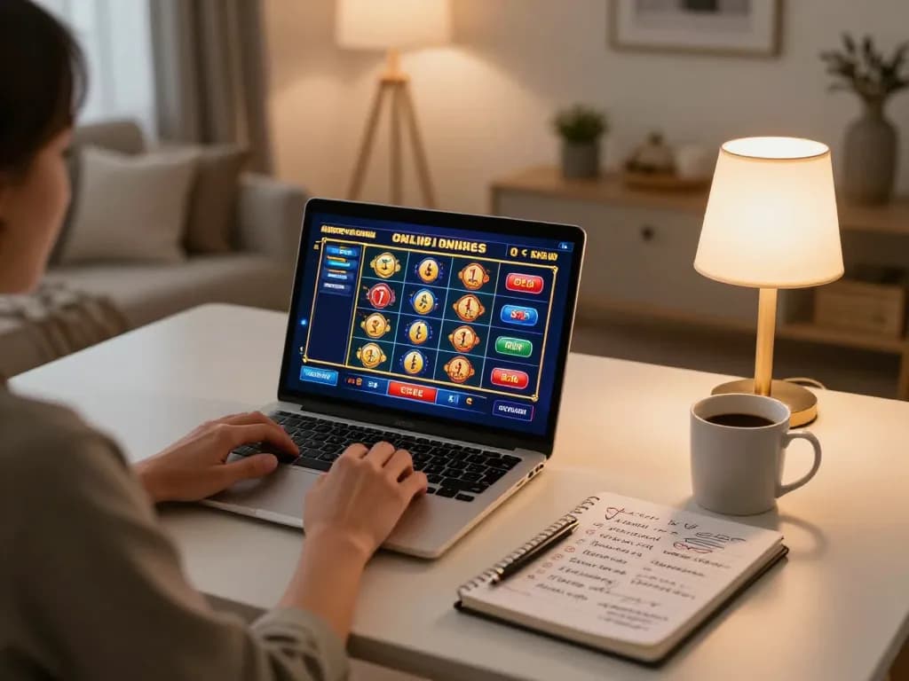 Person enjoying South African Online Casinos on laptop, cozy gaming atmosphere.