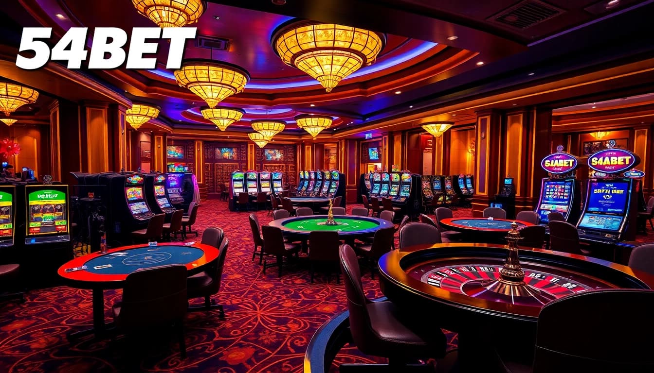 Exciting casino scene highlighting poker tables and slot machines for 54BET gamblers.