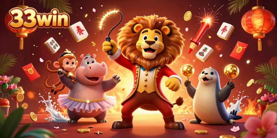 Experience thrilling action in 33win's vibrant casino scene, featuring dynamic characters and festive elements.