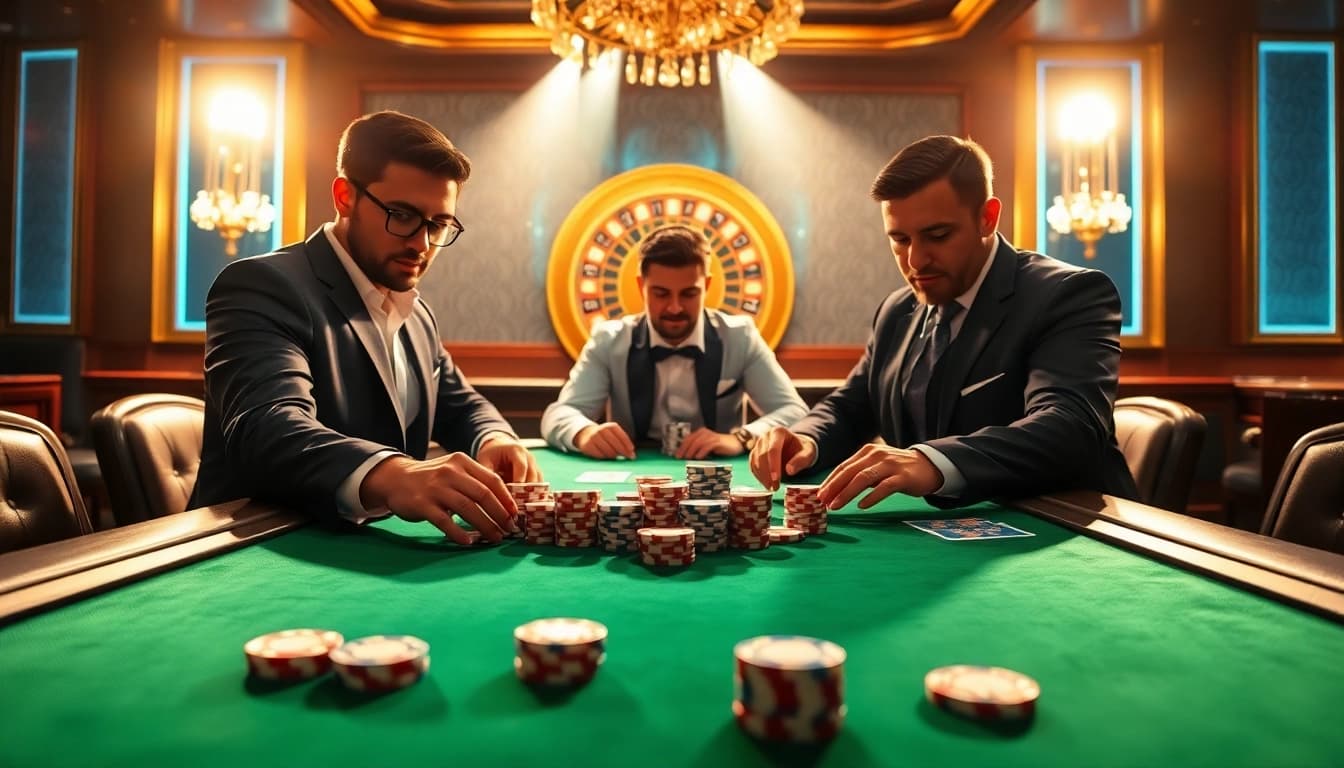 Dynamic gaming scene of professionals at a poker table with u88 logo, highlighting high stakes action.