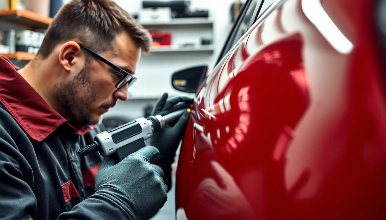 ScuffDoc technician restoring vehicle bodywork with advanced tools in a vibrant workshop.