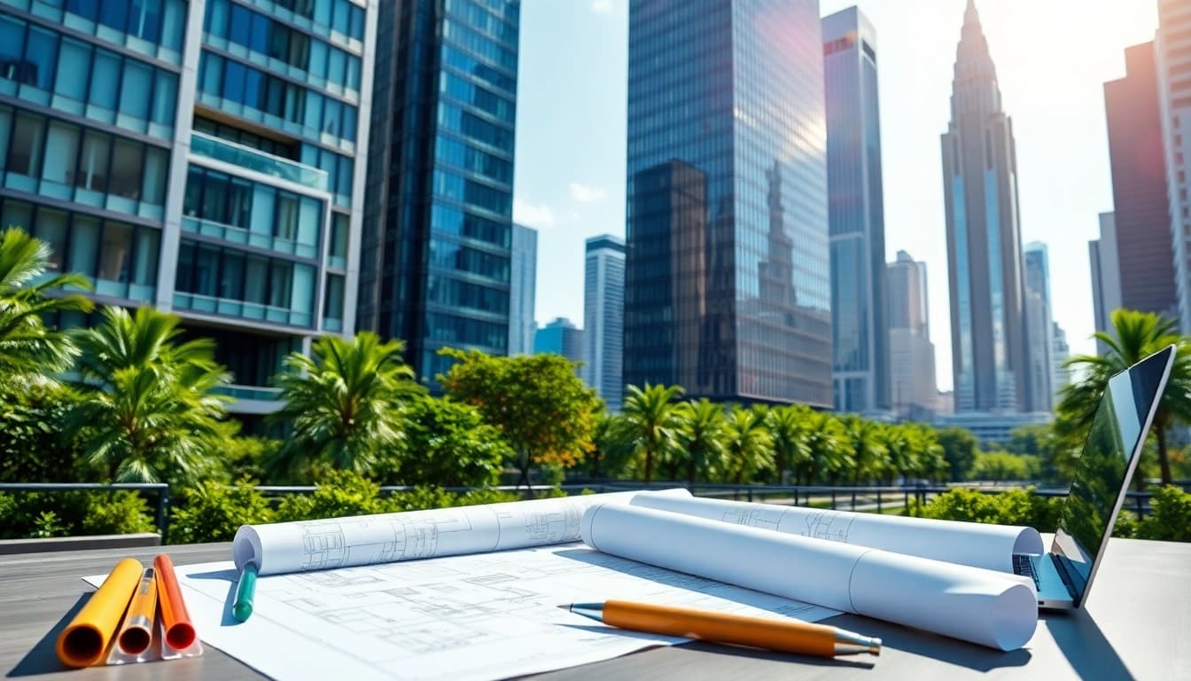 Showcasing architectural services with blueprints and modern buildings in an urban landscape.