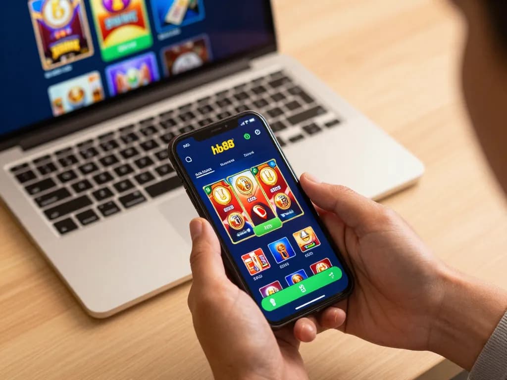 Engaging hb88 free online gaming scene with a user interacting with the app, showcasing poker and slot options.