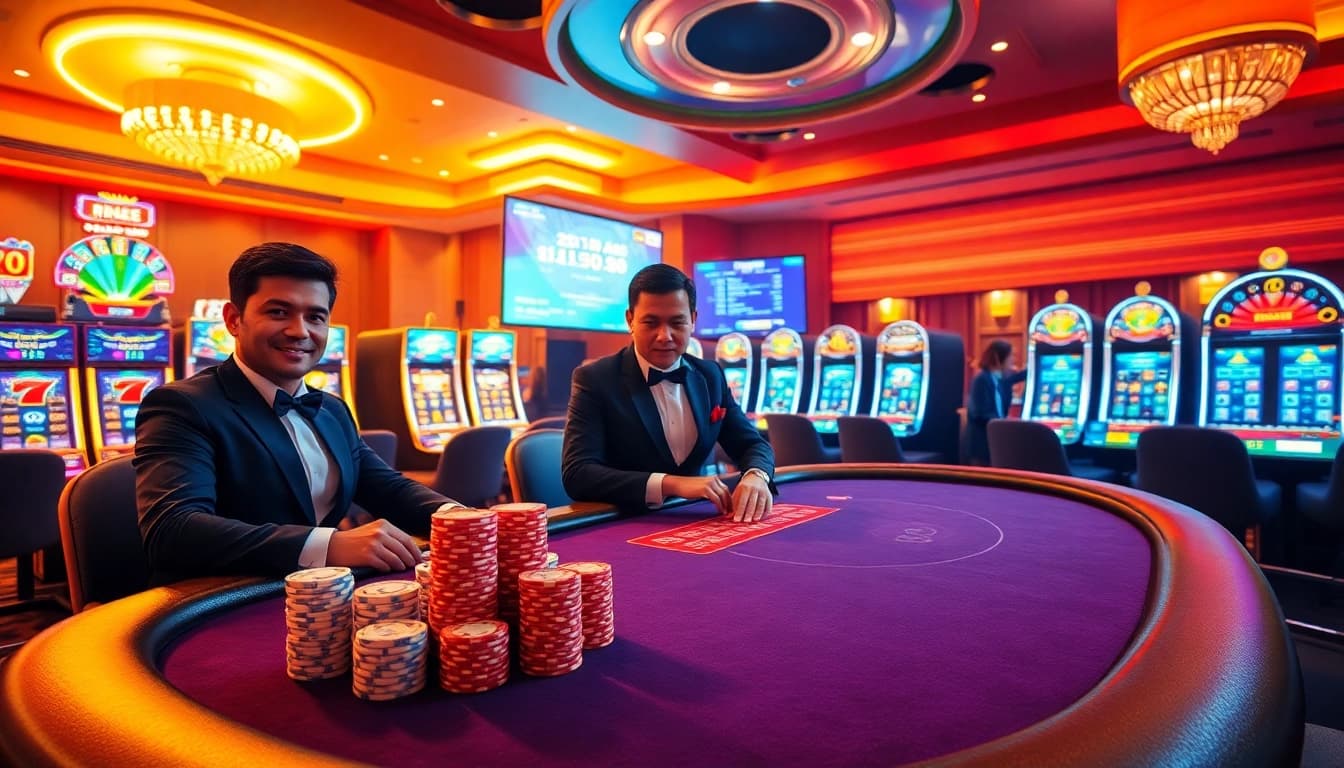 Experience the thrill of RR88 at a luxury casino with a vibrant poker table and slot machines.