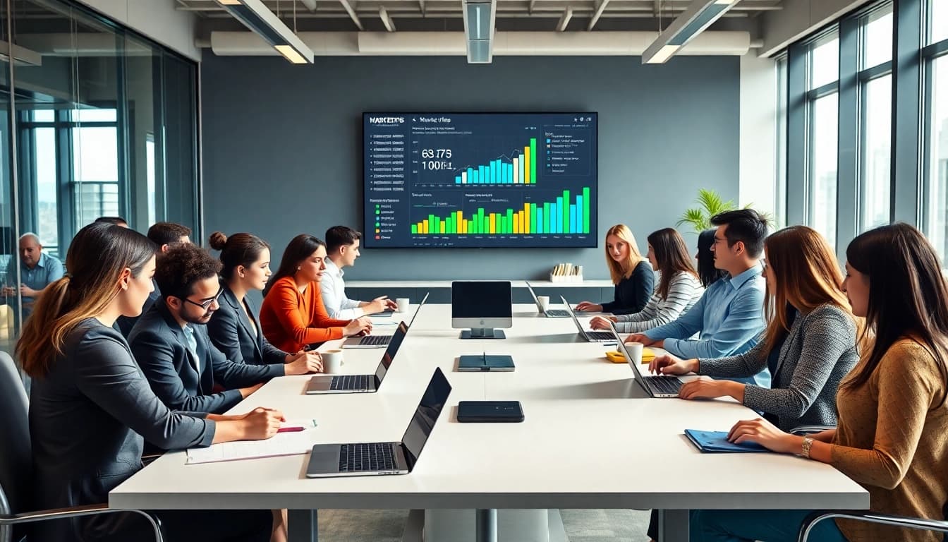 Marketing professionals at https://solarxmedia.com collaborate in a modern office.