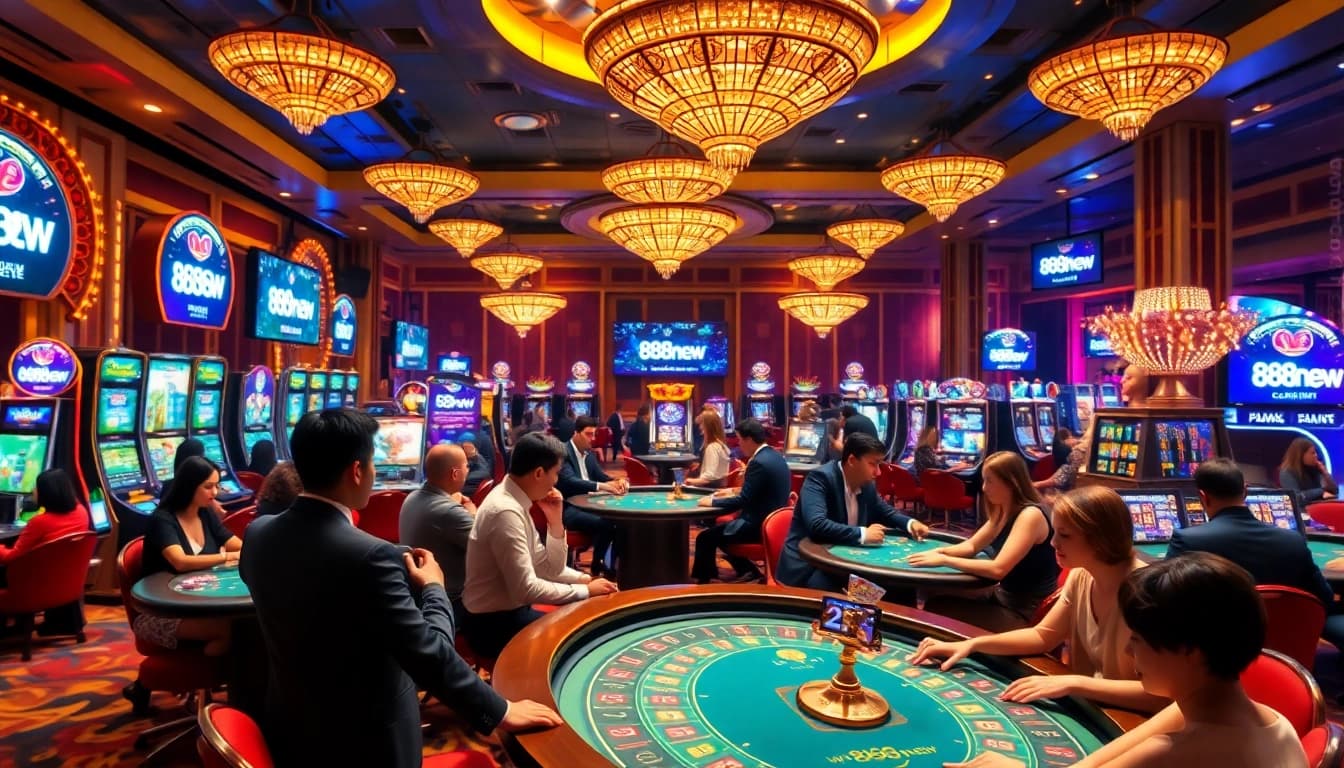 Players enjoying high-stakes games at an opulent casino showcasing the exciting features of 888new.