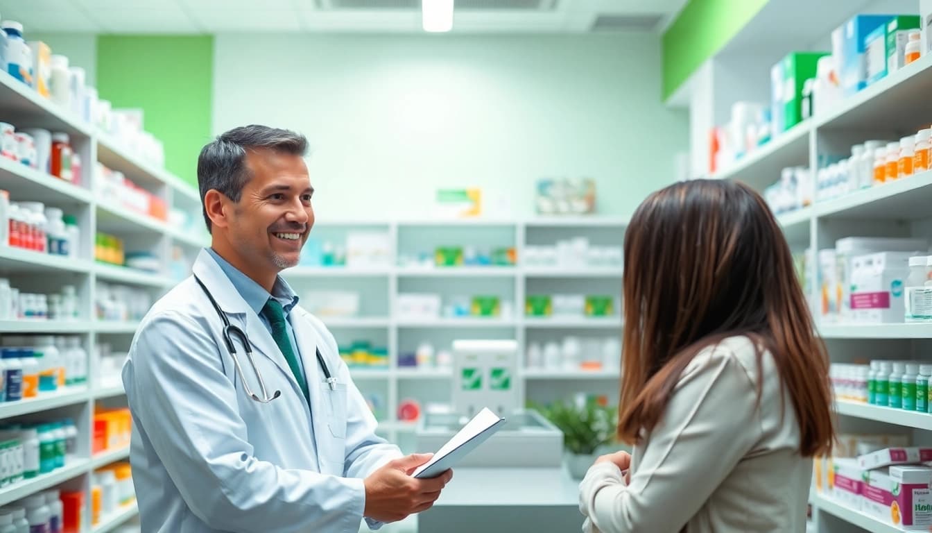 MediClick Pharmacy pharmacist providing guidance to a customer in a welcoming environment.