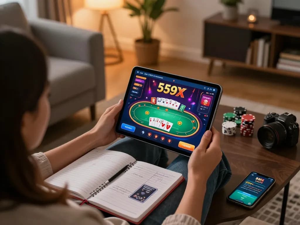Engaging in login na 559x from a cozy living room setup, showcasing vibrant poker gameplay on a tablet.