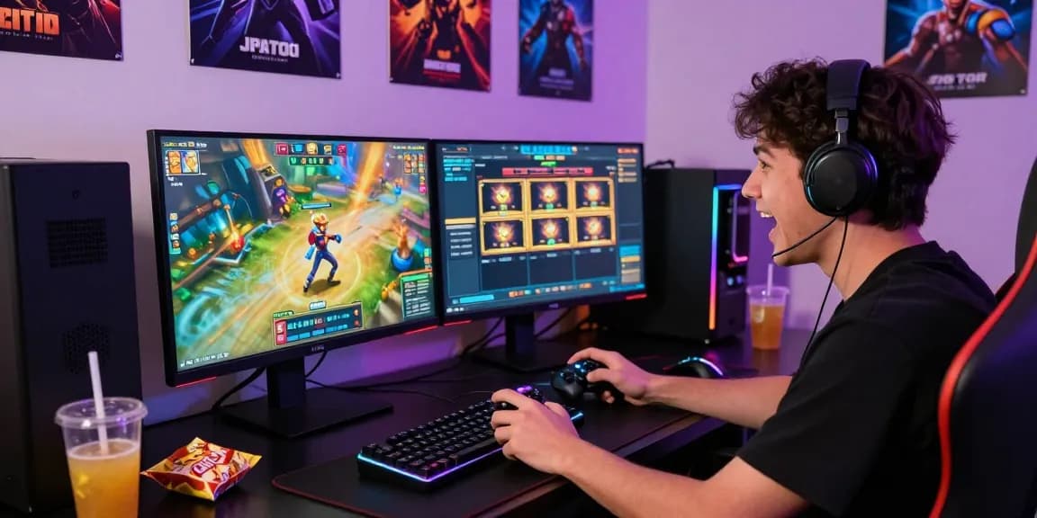 Player enjoying JPTOTO online slot gaming experience with monitors and vibrant graphics.