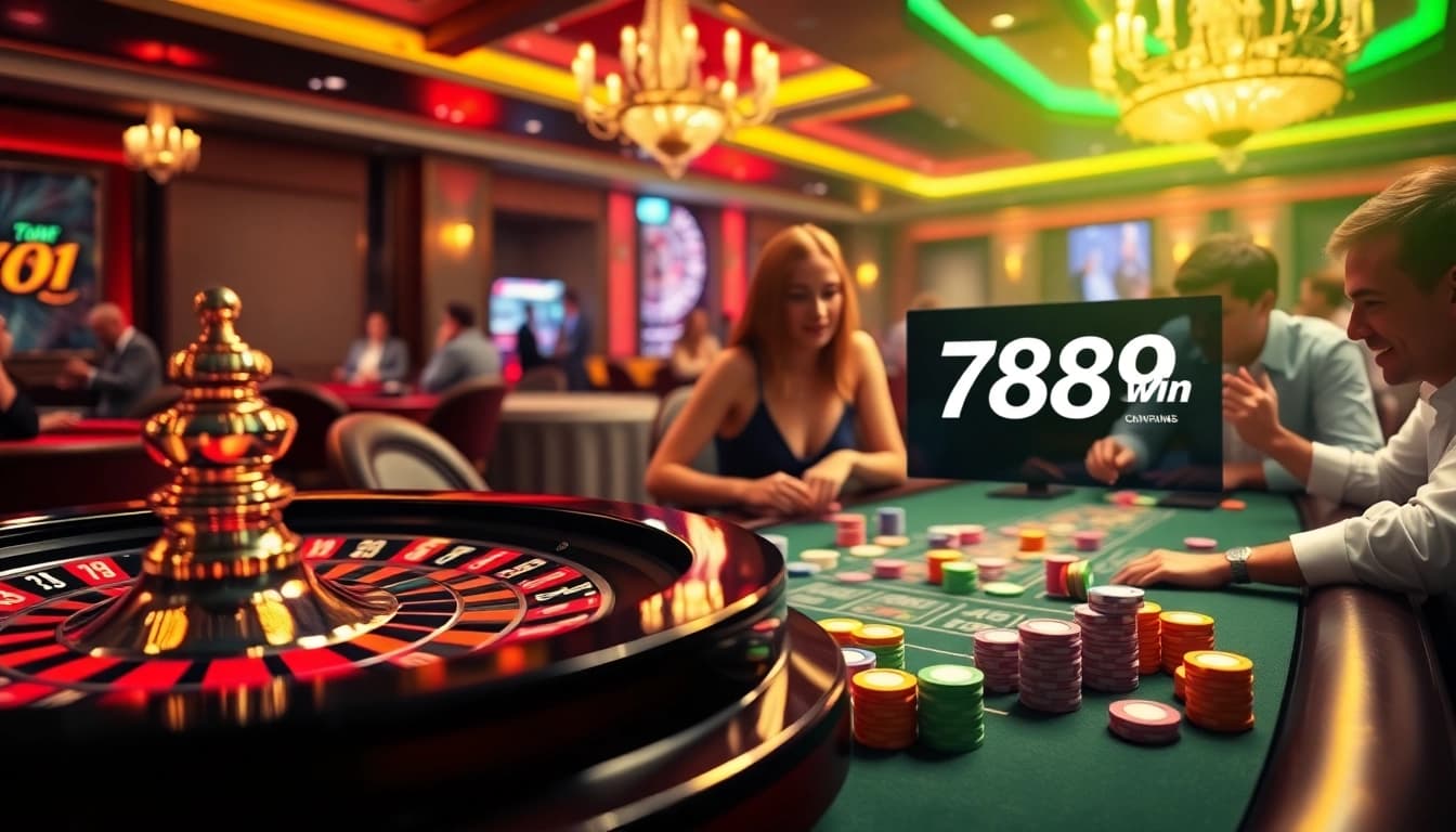 Players enjoying the vibrant atmosphere at 789 win, featuring a roulette table and poker chips.