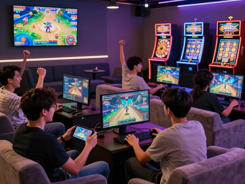 Players enjoying the Go88 online gaming experience in a vibrant lounge with dynamic visuals and engaging interactions.