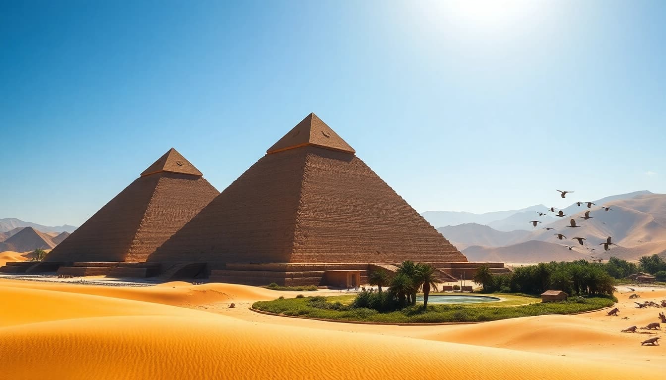 View of the ancient piraminds against a serene desert backdrop with soft lighting.
