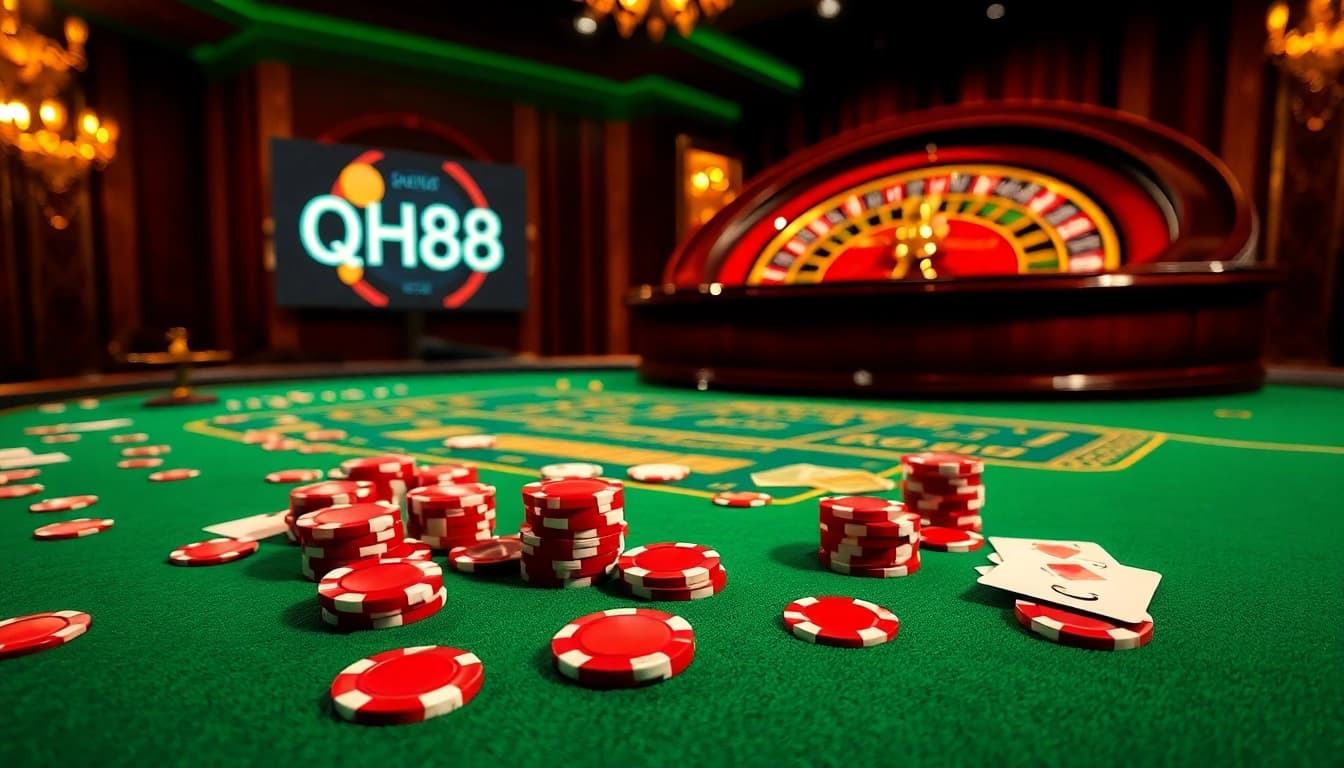 Players engaging with QH88 online casino tables featuring vibrant poker chips and digital screens.