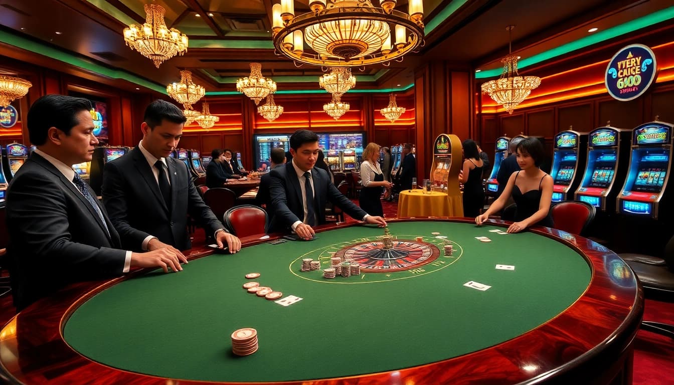 Exciting casino scene featuring professional gamblers at a poker table at vn89.