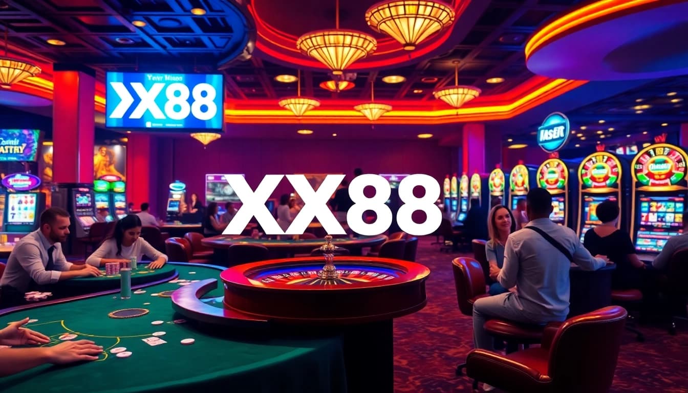 Experience the exhilarating ambiance of XX88 casino, featuring players enjoying strategic games at tables.