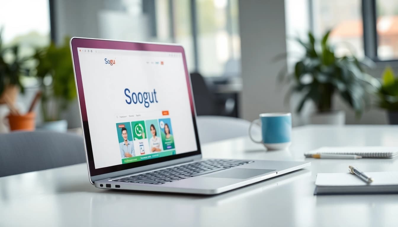 Browse the web effortlessly with the Sogou浏览器 open on a sleek laptop in a vibrant office environment.