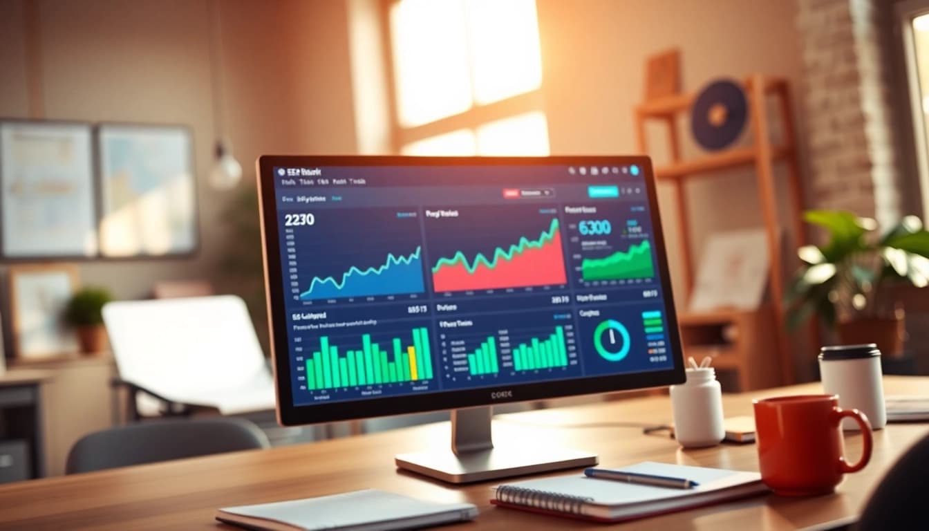 Analyze performance metrics with an SEO Rank Tracker displayed on a sleek computer monitor.