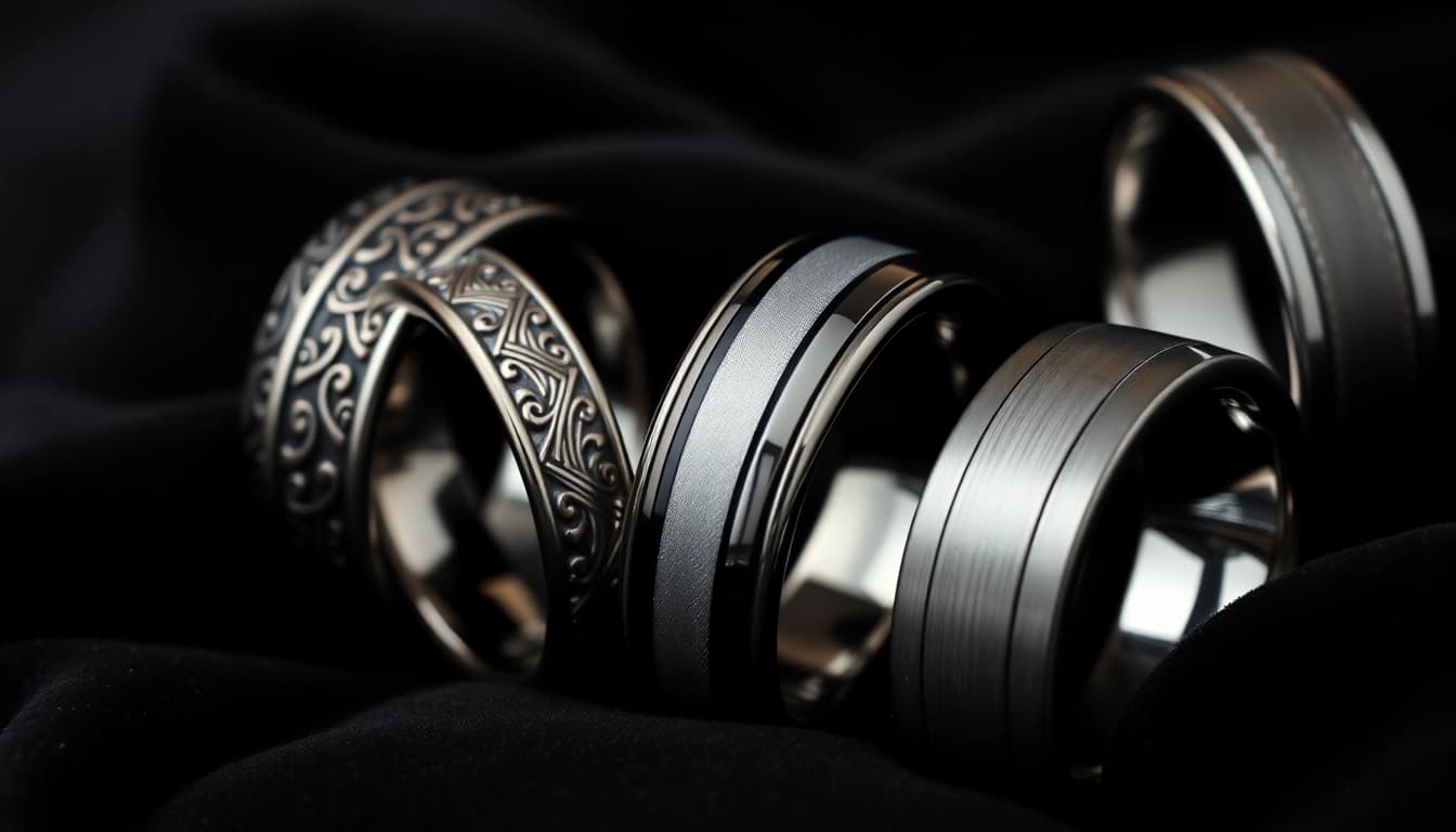 Showcasing tungsten wedding bands with intricate designs on a velvet backdrop, reflecting elegance.