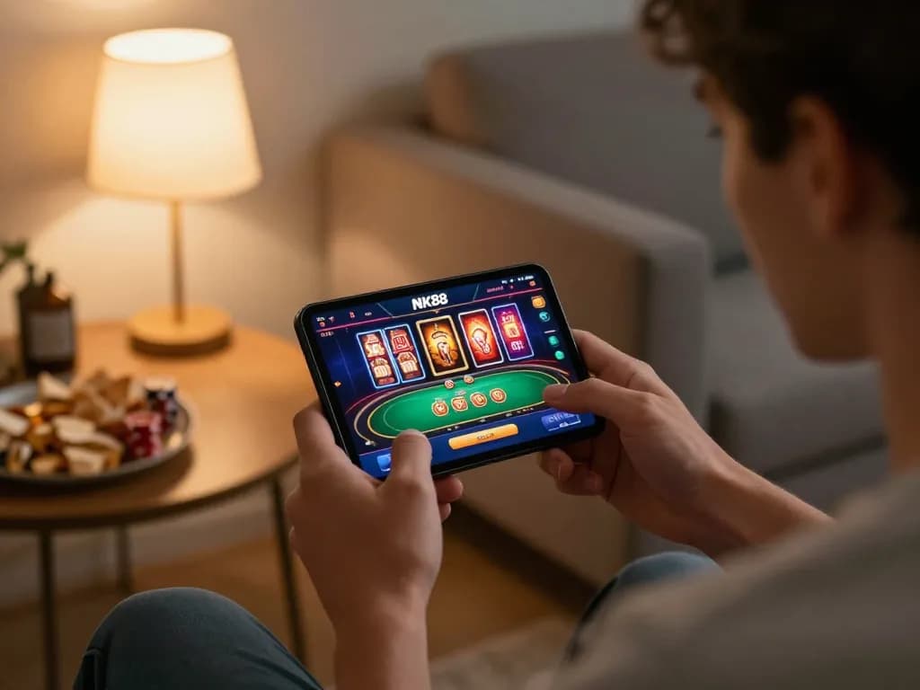 Engaged player strategizing with NK88 net app on smartphone in cozy home setting.