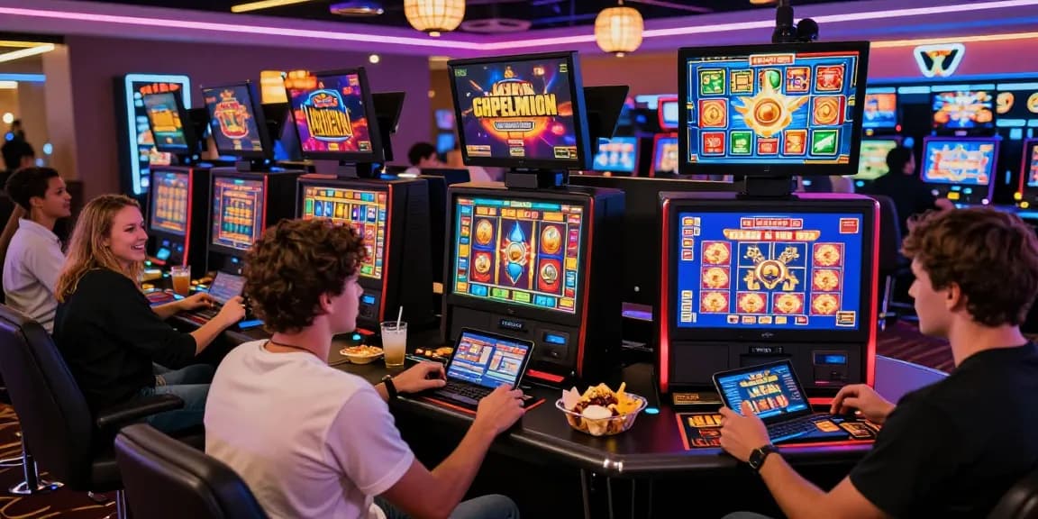 Exciting gaming environment highlighting slot depo 5k with diverse players and colorful virtual casino screens.