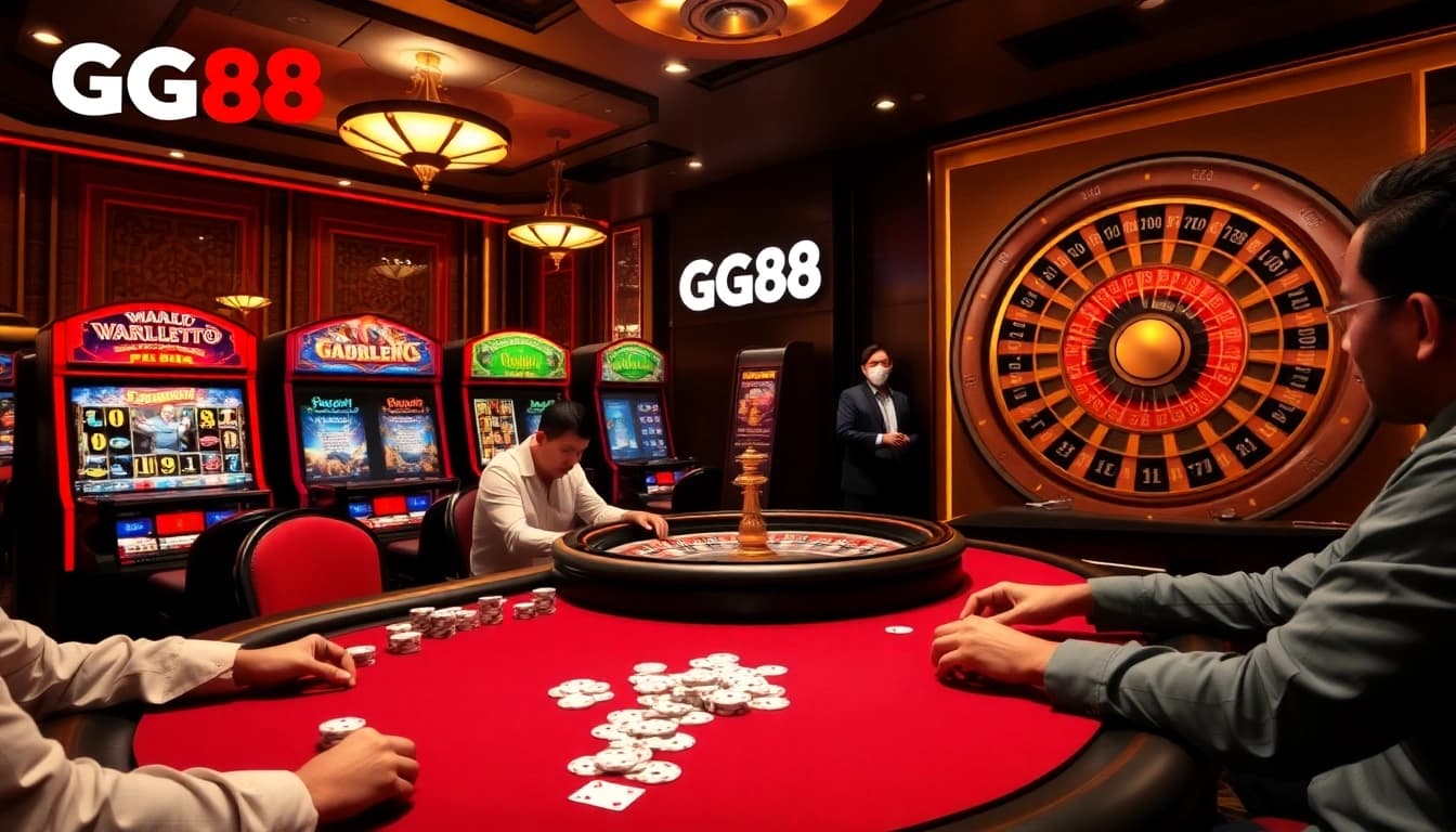 Players strategizing in a GG88 poker game with vibrant casino elements and excitement.