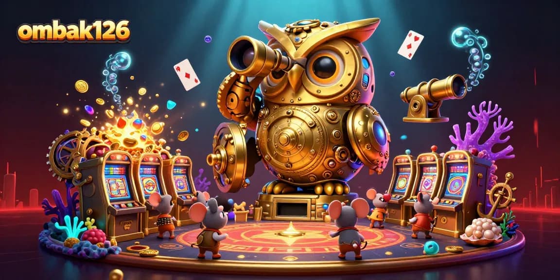 Ombak126 memanfaatkan karakter kartun kasino 3D dalam ilustrasi menarik dengan elemen mesin slot dan pemandangan lambang.