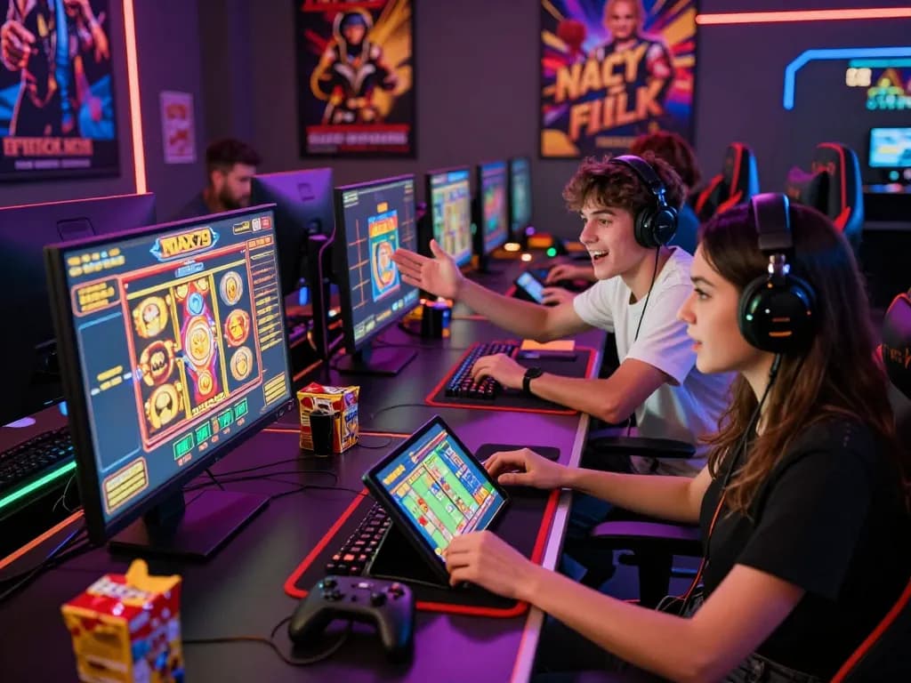 Exciting online gaming scene with players at computers engaged in max79 gaming experience.