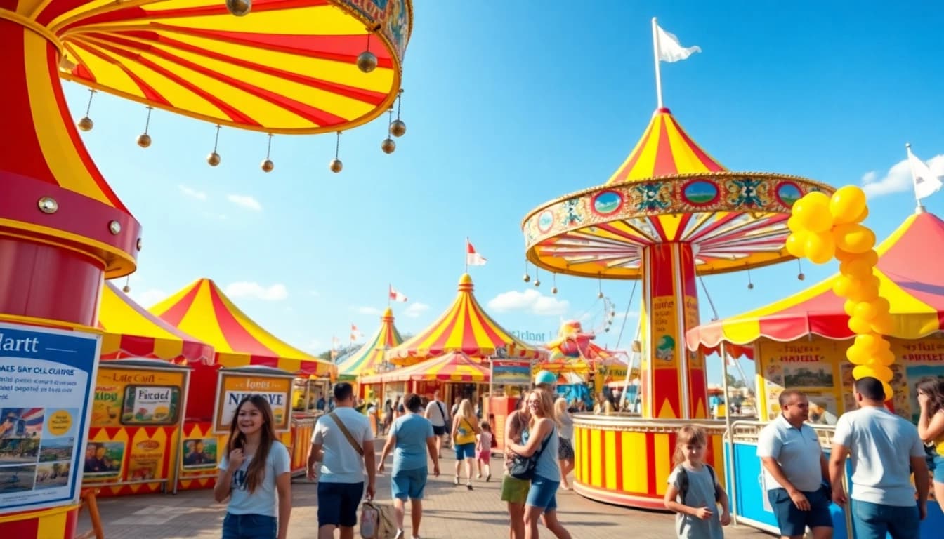 Book a funfair for hire newcastle, featuring colorful rides and joyous families in a bright, lively park setting.