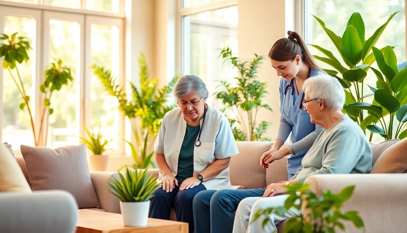 Engaging caregivers providing senior home care austin in a bright and inviting living room.