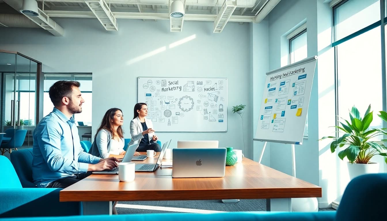 Team strategizing social media marketing edmonton ideas in a vibrant office environment.