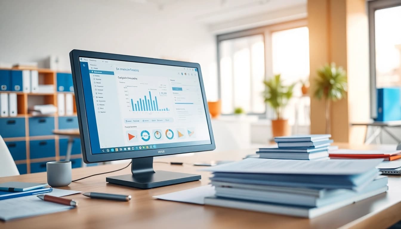Streamlined invoice processing software shown on a computer screen in a professional office.