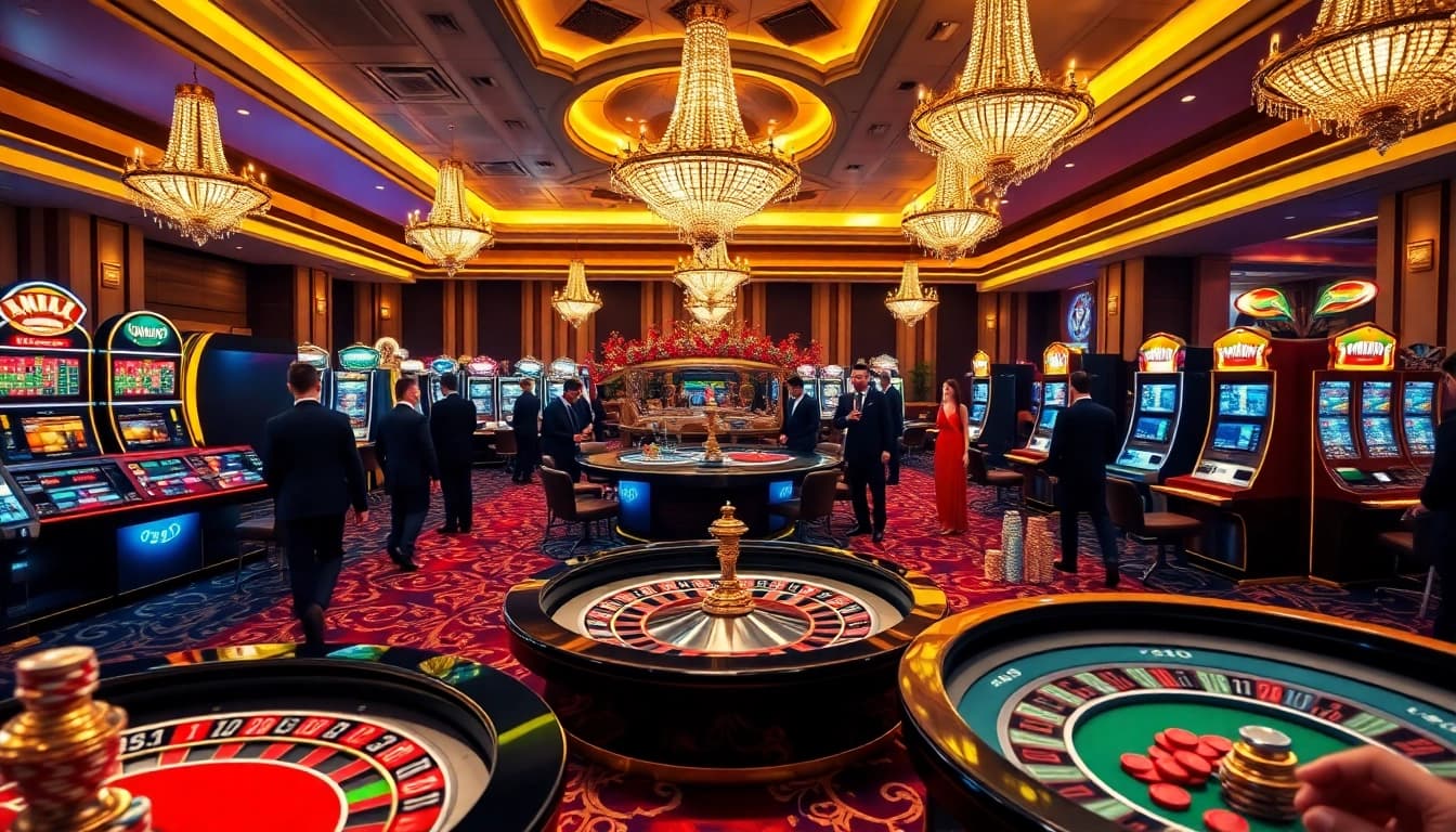 Experience high-stakes excitement at mm88 com with vibrant casino elements like roulette tables and slot machines.
