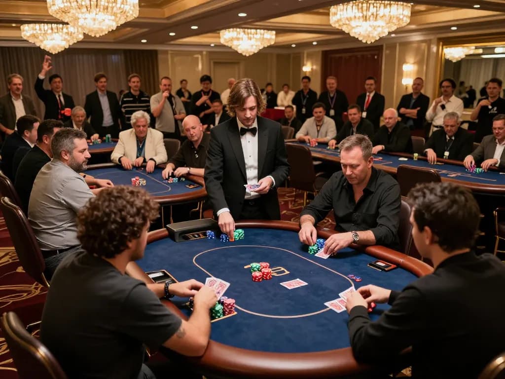 Thabet poker tournament showcasing players at luxurious tables with vibrant chips and dealer
