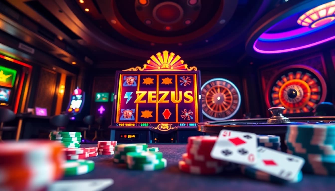 Slot zeus machine illuminating the casino floor with vibrant symbols and lights.