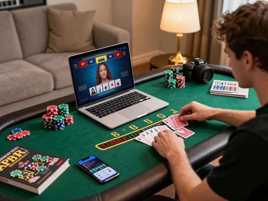 Enjoying a winning hand at blackjack on https://lc88app.com/ during a cozy home gaming session.