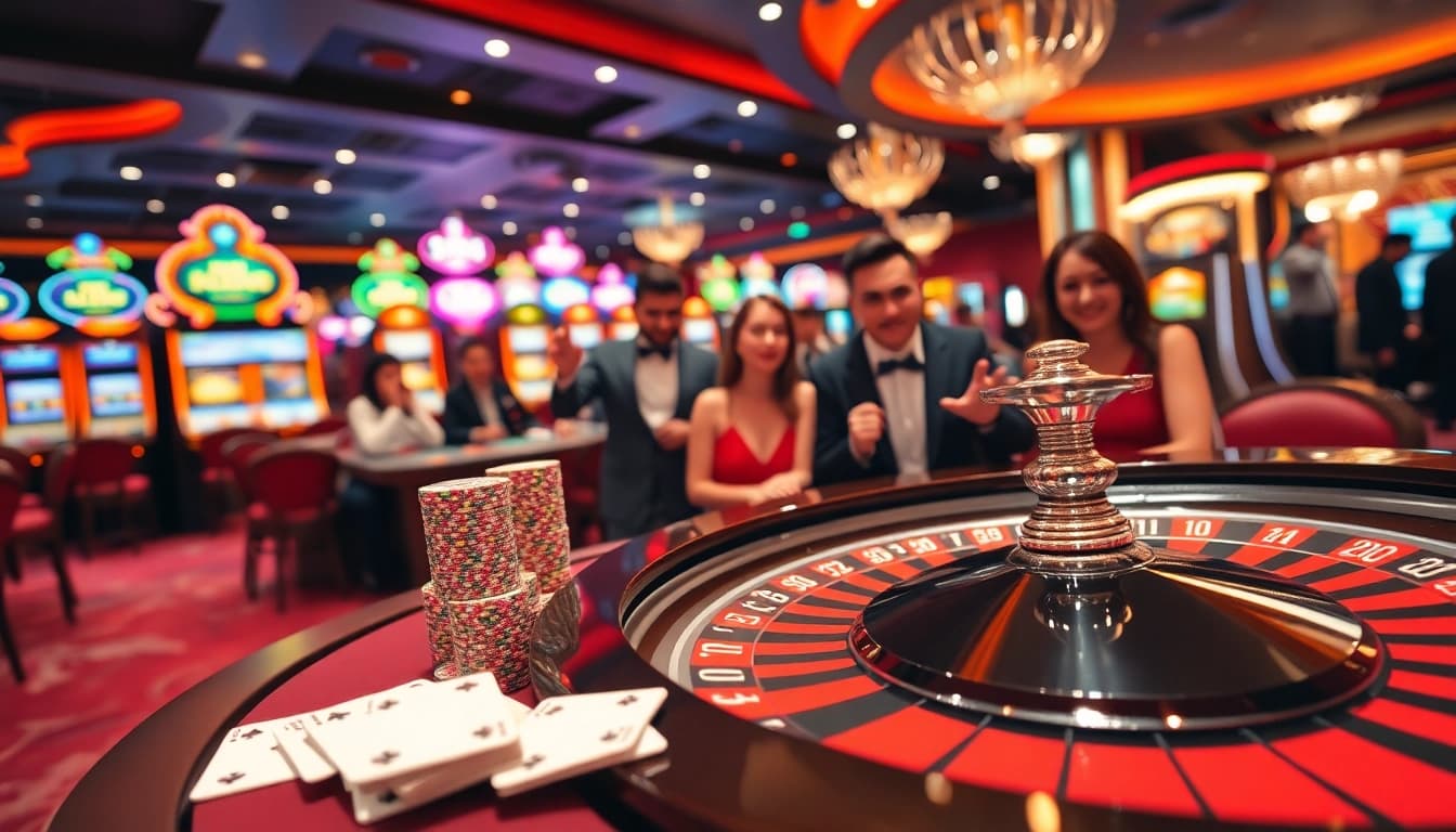 Players enjoying the vibrant casino atmosphere at MM88 ZO with roulette, poker chips, and more.