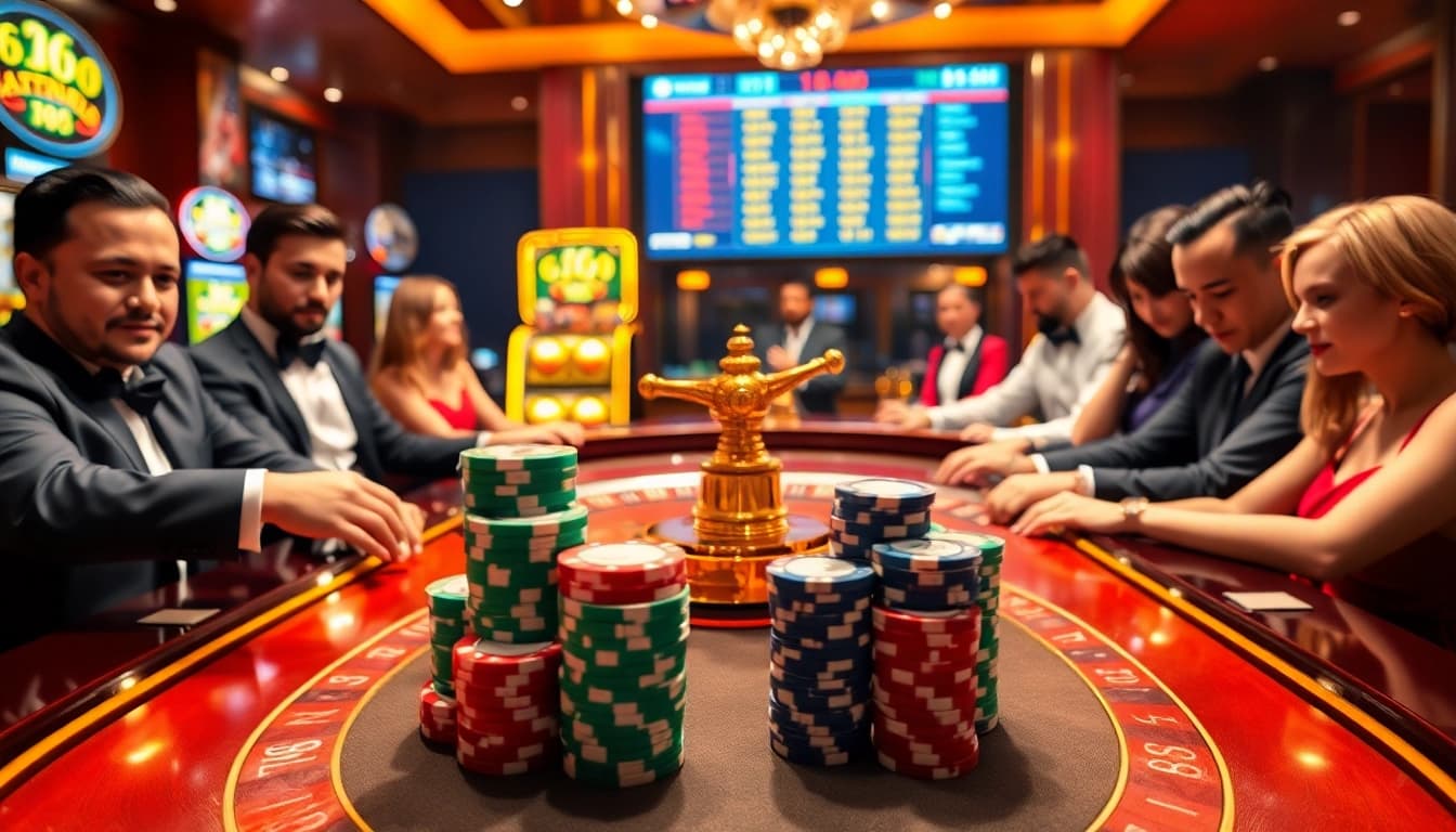 Players engaging in thrilling gameplay at a roulette table, highlighted by the ambiance of https://ta88.help/.